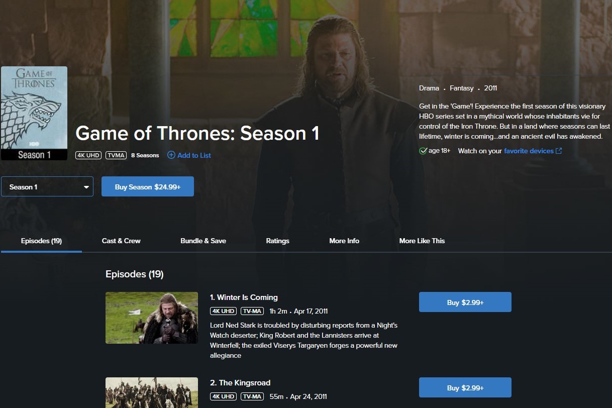 Game of Thrones available for purchase on Vudu.