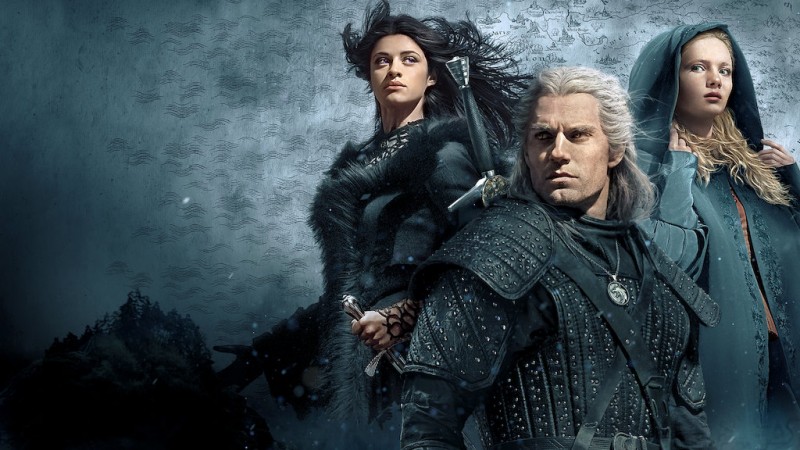 Affiche du personnage de The Witcher montrant Yennefer, Geralt et Ciri.