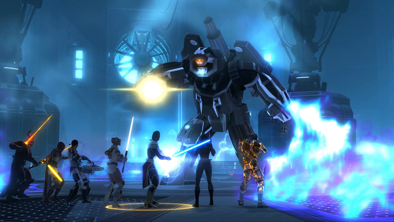 Star Wars The Old Republic squad facing off against boss.