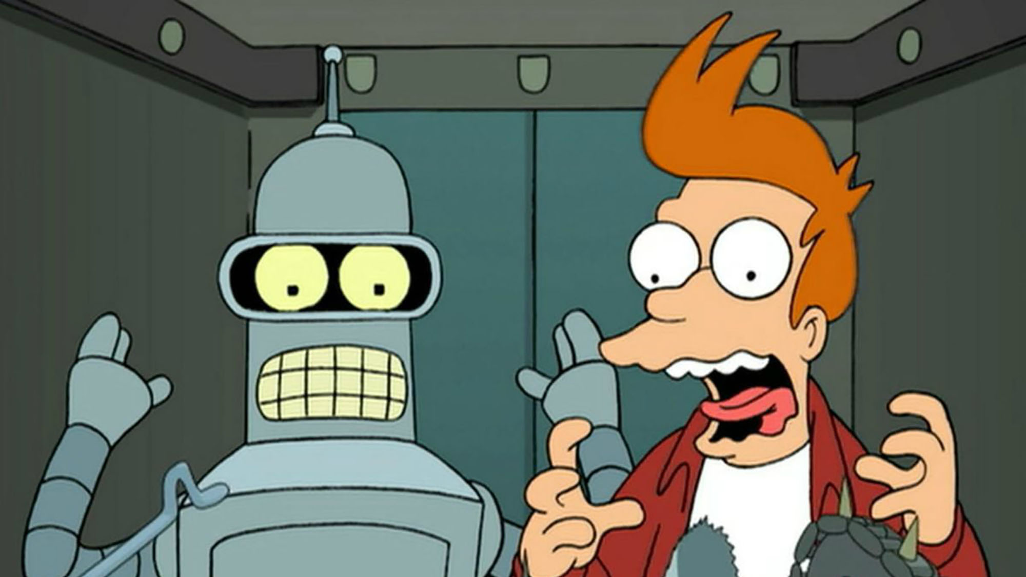 Fry et Bender dans une cabine suicide dans "Futurama".