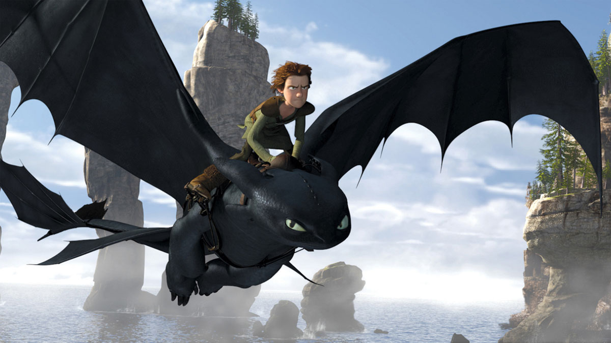 Hiccup chevauche Krokmou dans Comment dresser votre dragon.