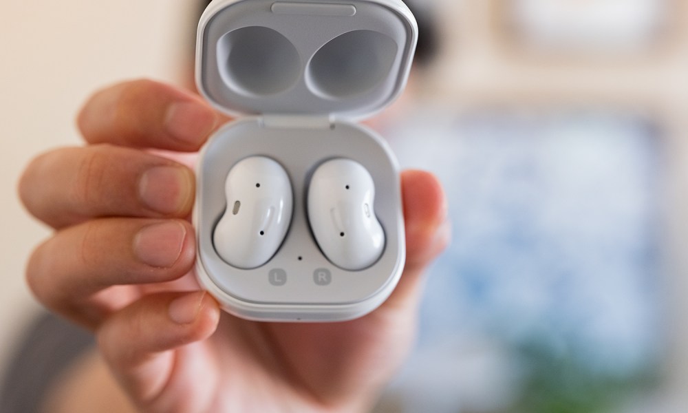 The Samsung Galaxy Buds Live in their charging case.