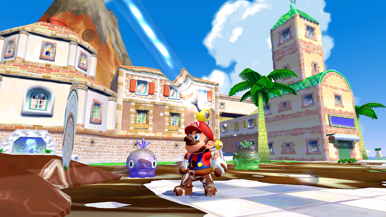 Mario nettoie les saletés dans Super Mario Sunshine.