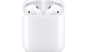 Picture shows Apple AirPods in a wired charging case