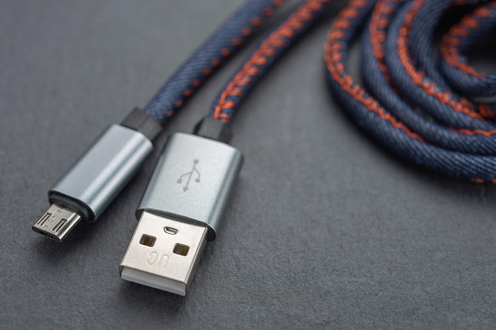 A Micro USB cable with a braided cable.