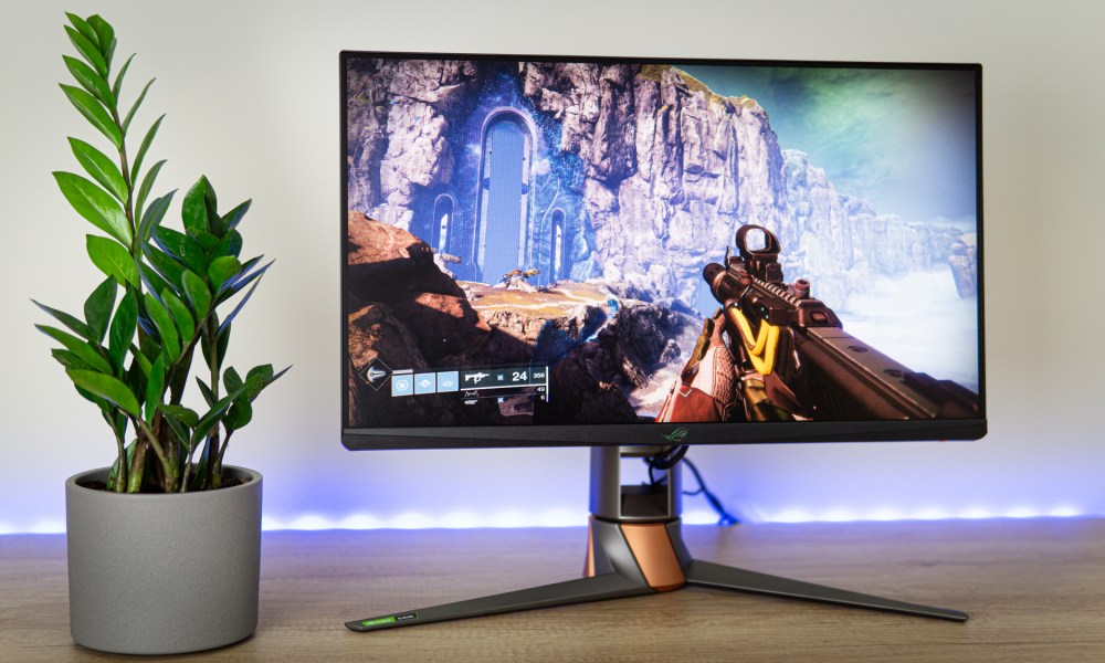 Asus ROG Swift monitor on a desk playing Destiny 2.