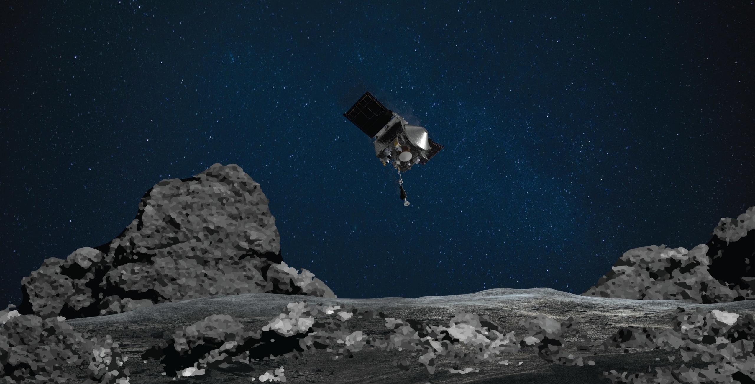 Una impresión artística de la misión OSIRIS-REx de la NASA preparándose para tocar la superficie del asteroide Bennu.