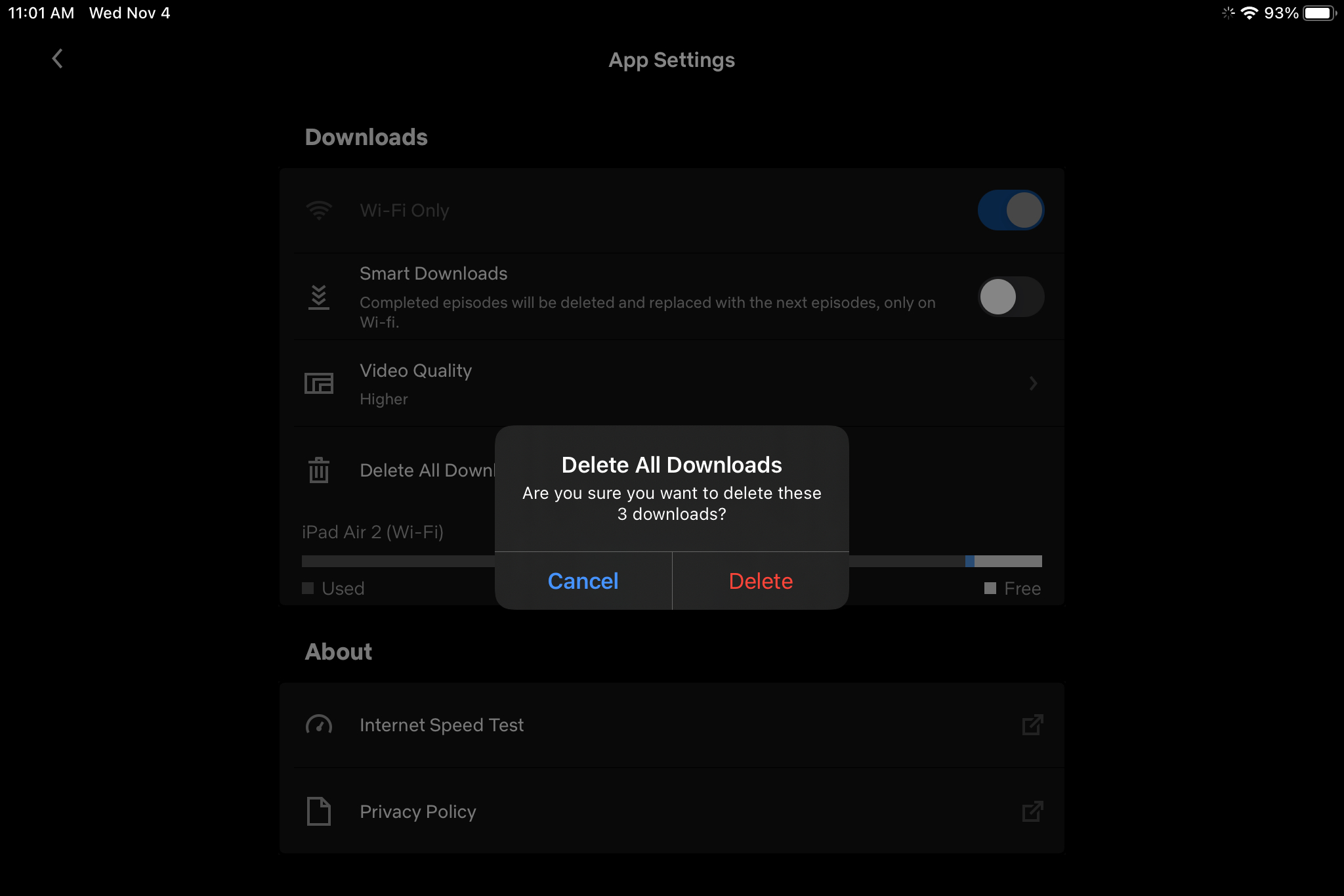 The Delete All Downloads option in Netflix.