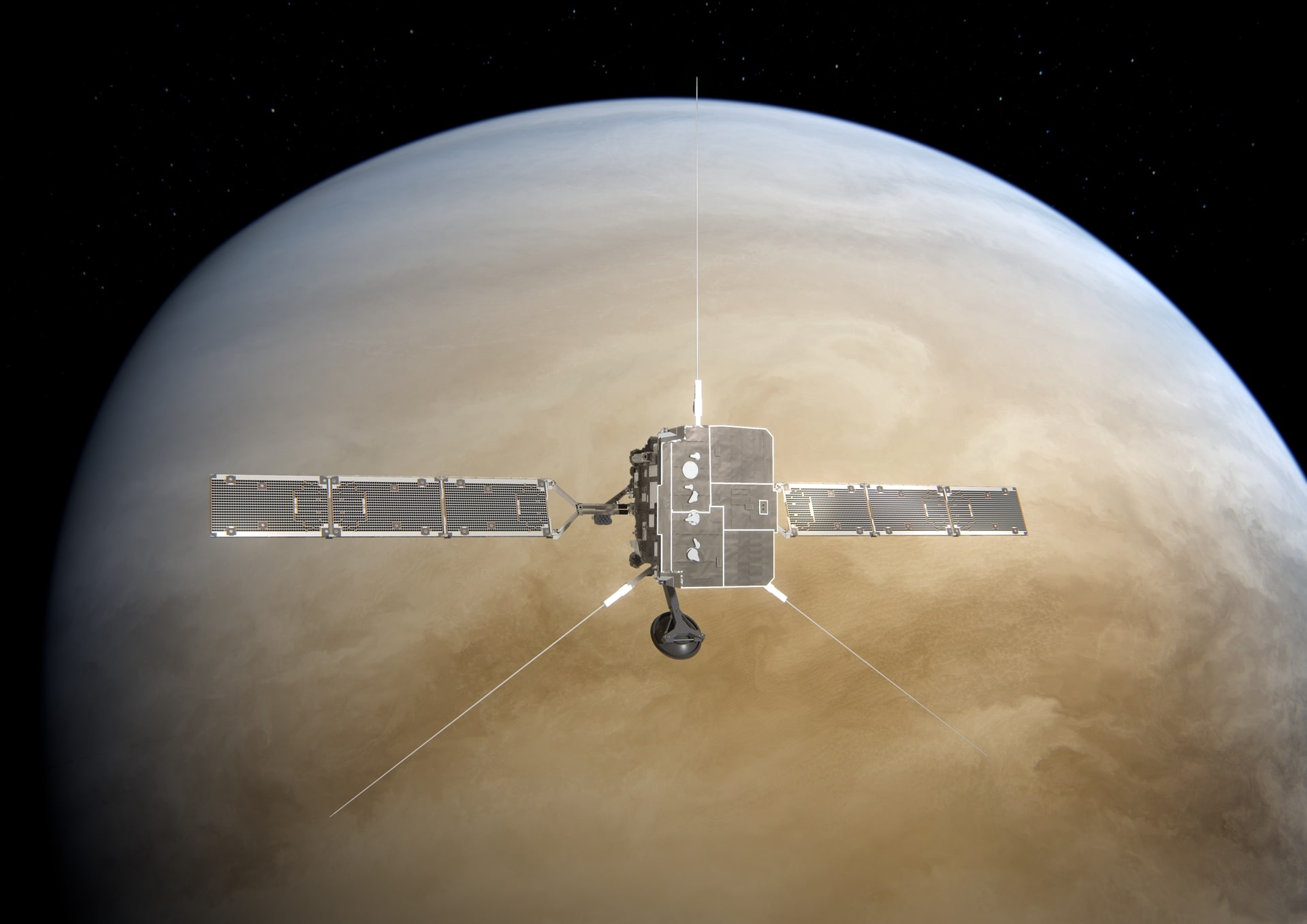 Artist's impression of Solar Orbiter making a flyby at Venus.