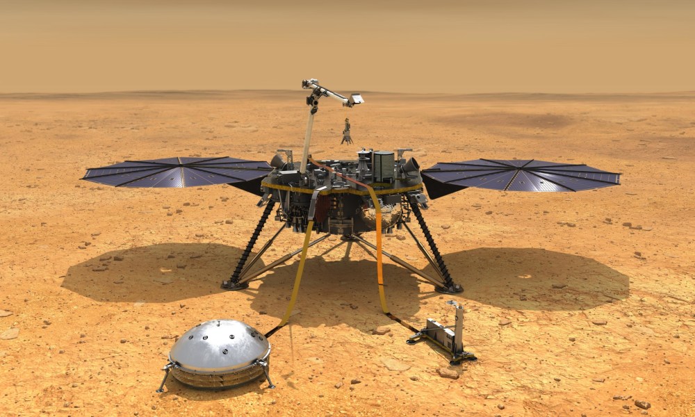 This illustration shows NASA's InSight spacecraft with its instruments deployed on the Martian surface.