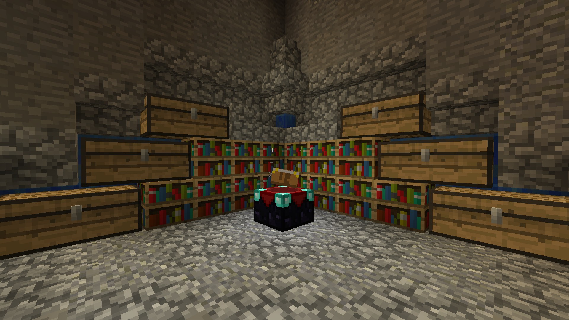 Une table enchanteresse près des livres dans Minecraft.