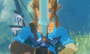 Link with the Master Sword in The Legend of Zelda: Breath of the Wild.