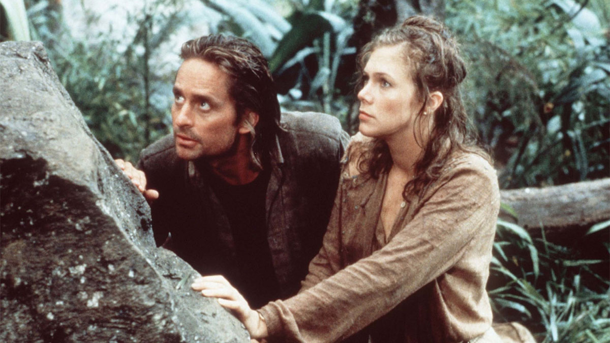 Michael Douglas e Kathleen Turner em "Romancing the Stone".