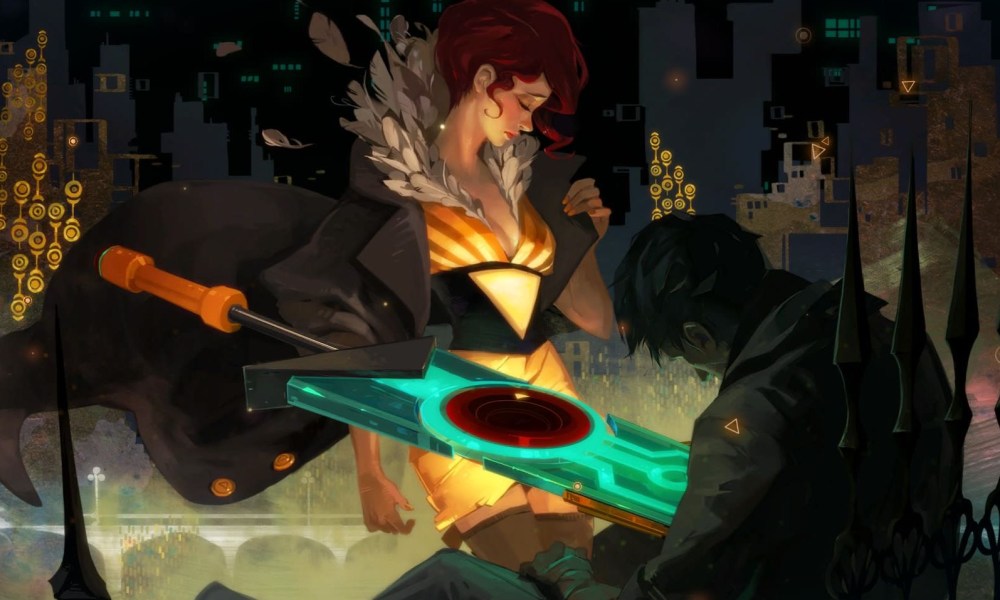 A scene showing the main character, Red, in Transistor on iOS.