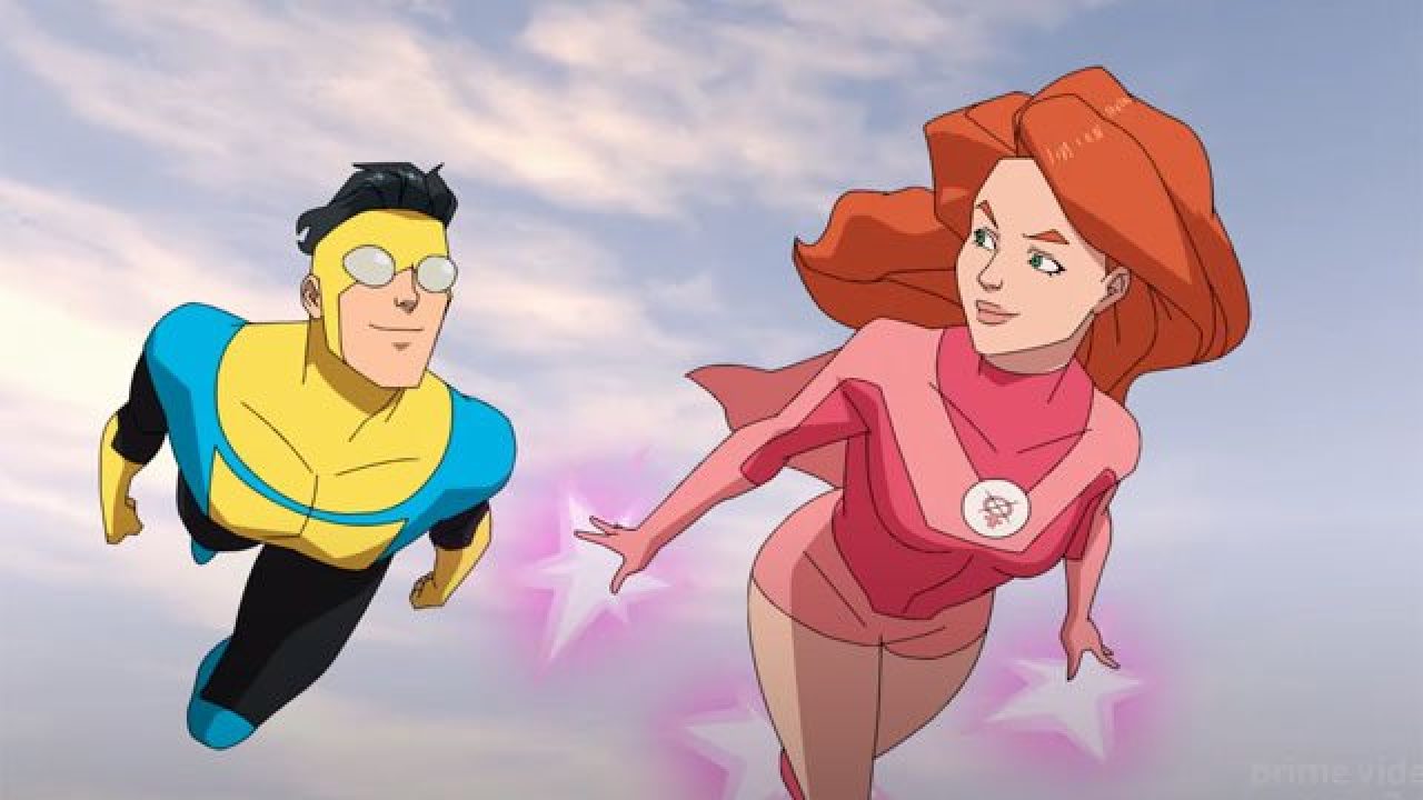 Invincible und Atom Eve fliegen in Invincible durch die Luft.