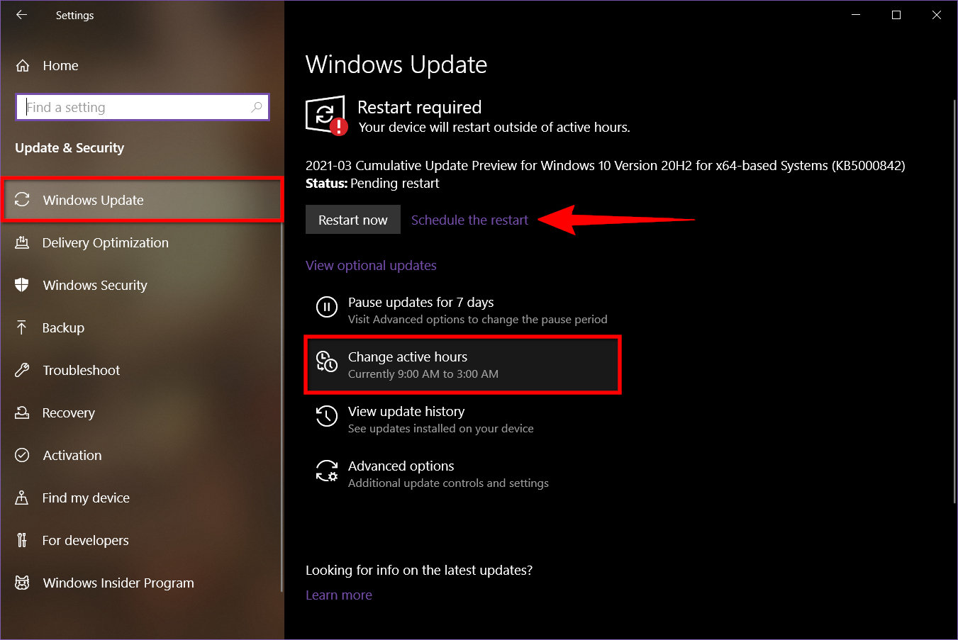 Windows 10 Select Change Active Hours