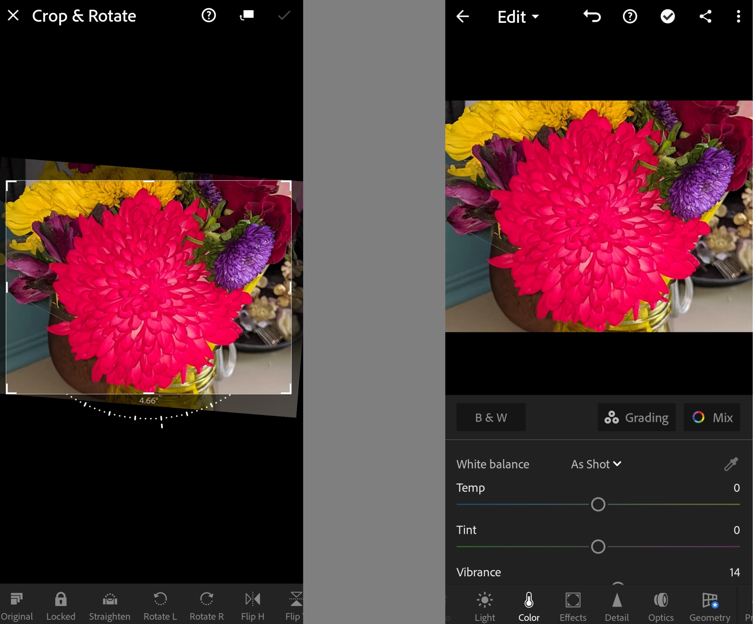 Two Adobe Android Lightroom app screenshots showing the app's crop, rotate, and other editing features.
