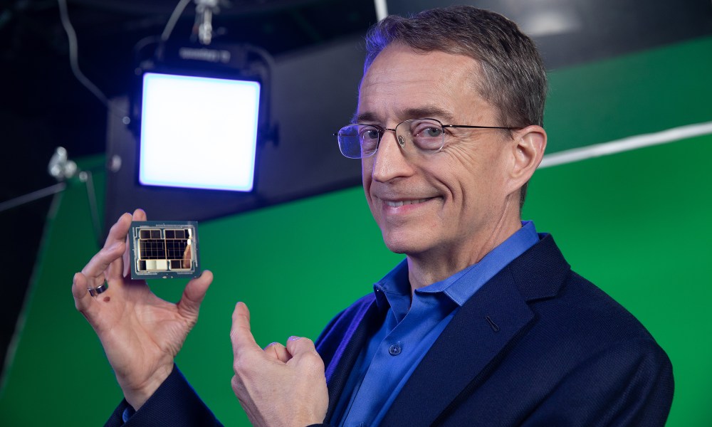 Intel CEO Pat Gelsinger holding a chip.