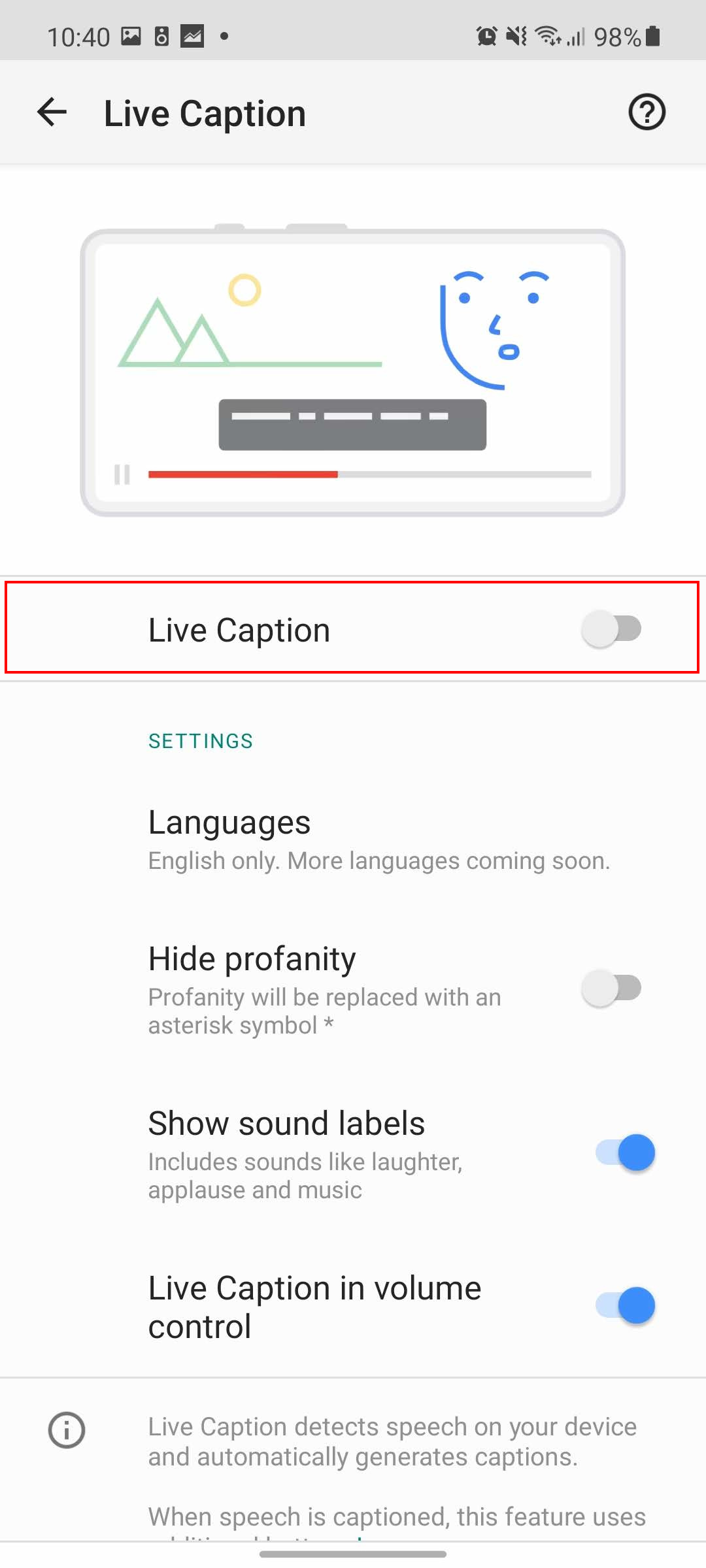 disable live caption android