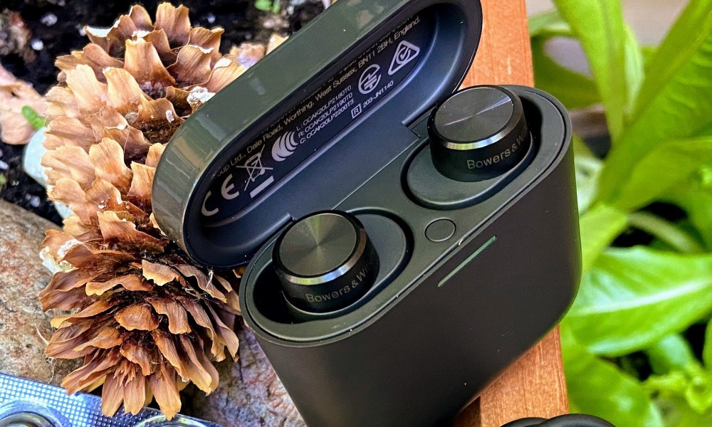 Bowers & Wilkins PI5 true wireless earbuds in their charging case.