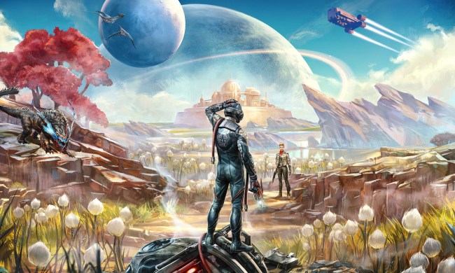 The spacer looks out over a vast horizon in The Outer Worlds 2 key art.