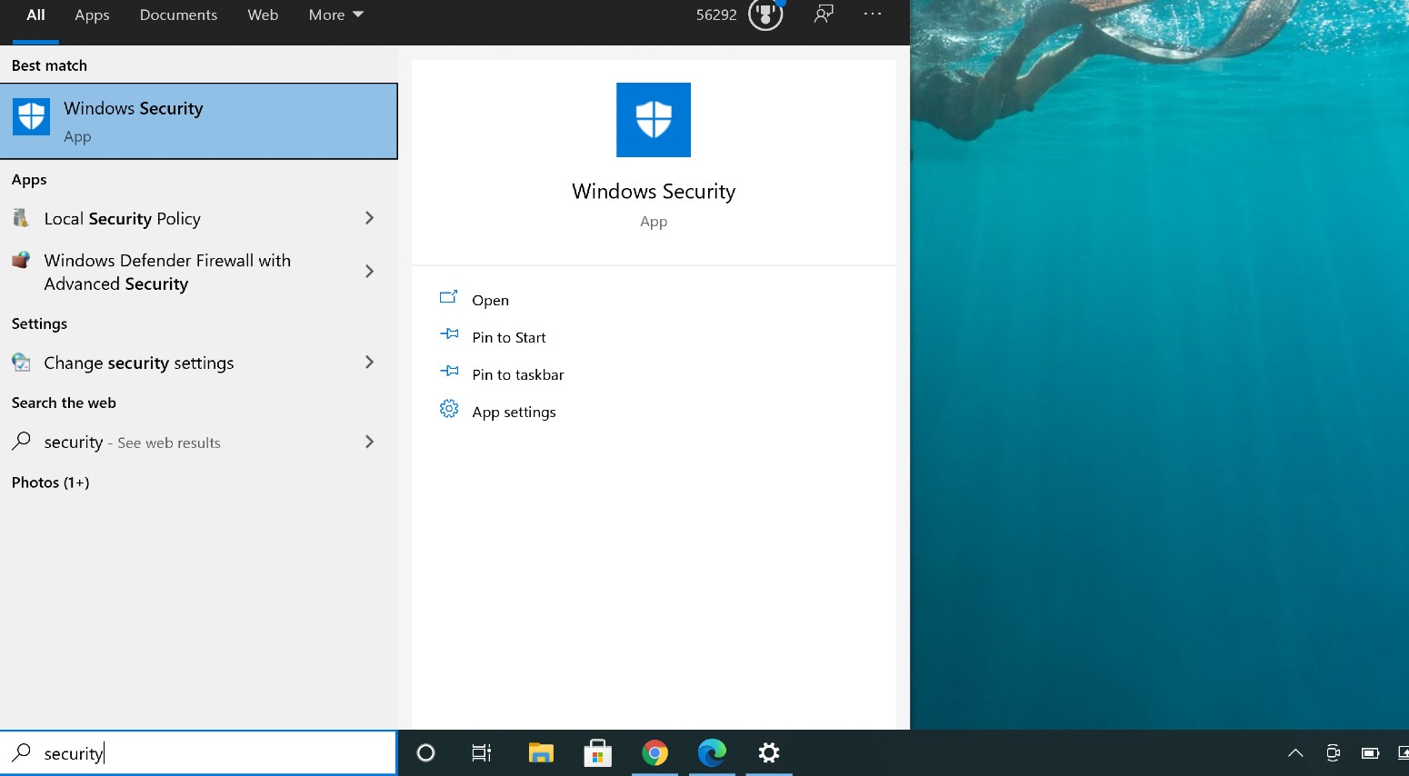 Screenshot showing windows security search.