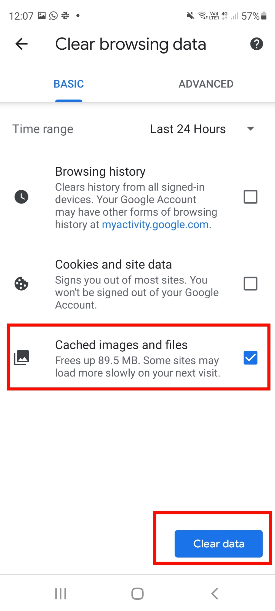 clear cookies cache android