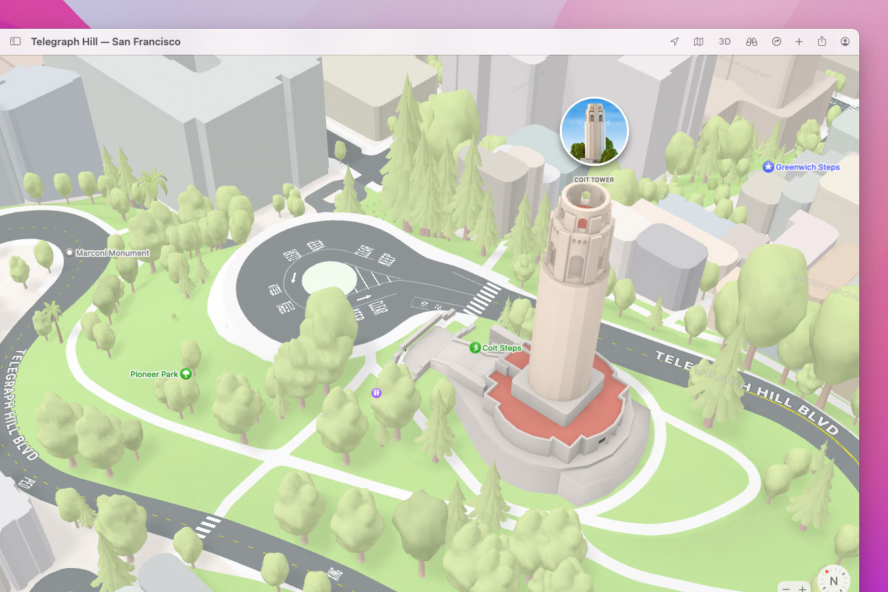 La Coit Tower en Apple Maps, mostrada en la beta pública de MacOS Monterey de Apple