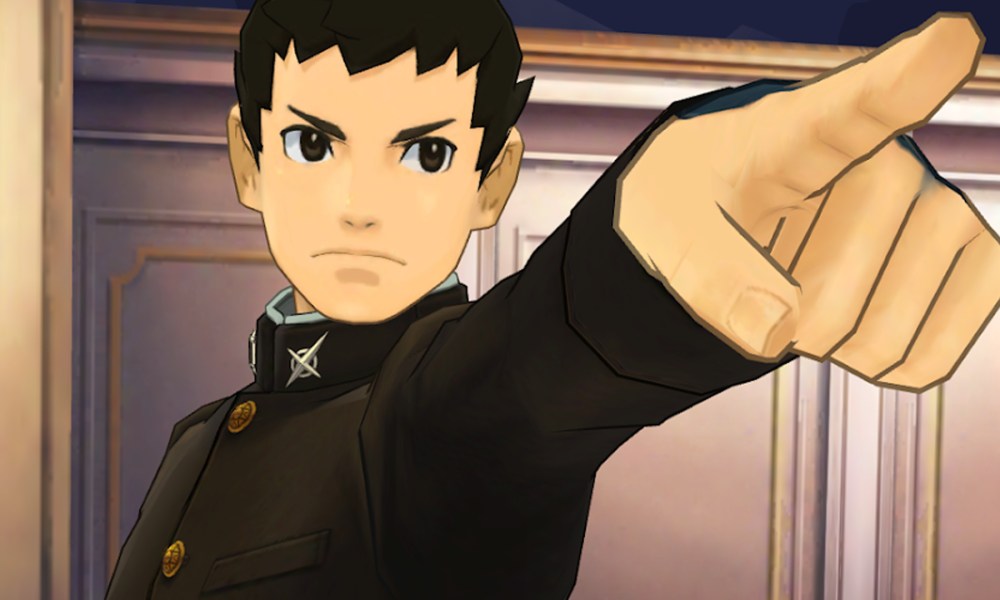 A character points a finger in The Great Ace Attorney Chronicles.