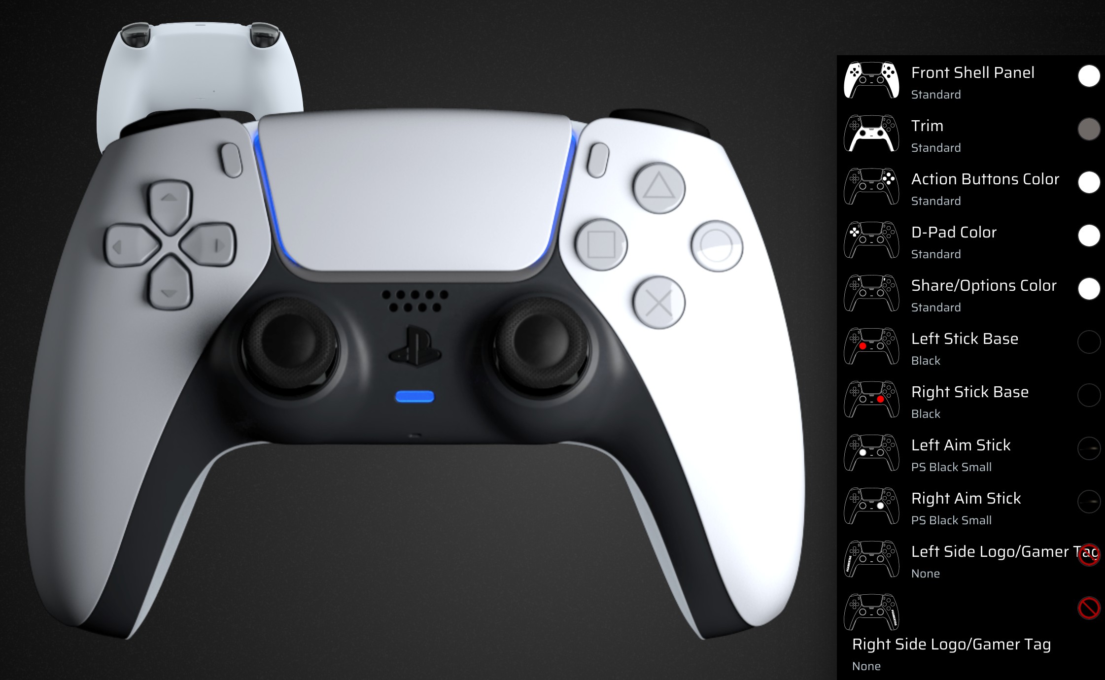 Front view of Aim Controller and different customization options.
