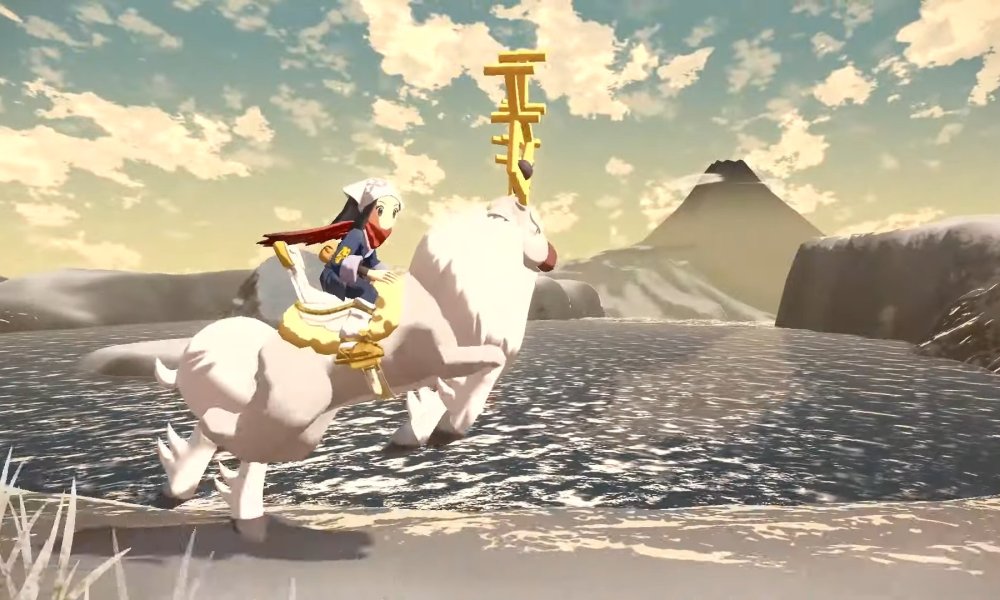 A Pokemon trainer rides a deer in Pokemon Legends: Arceus.