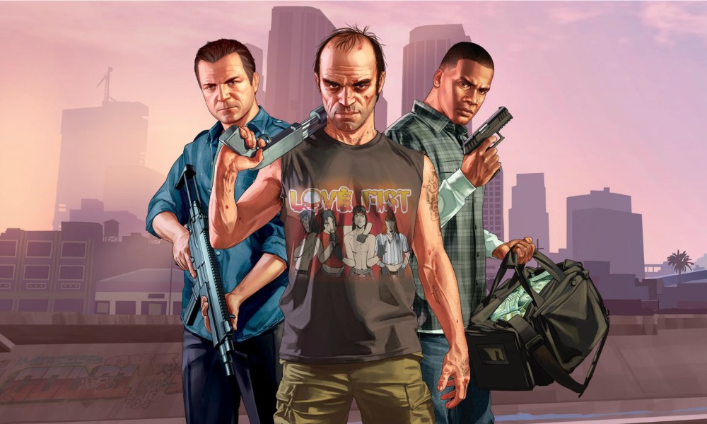 The protagonists of GTA V pose for the camera.