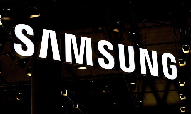 Samsung logo sign at the Mobile World Congress.