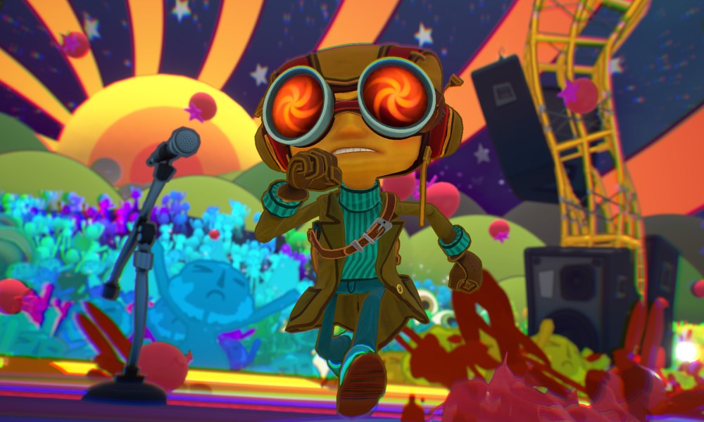 Raz runs on a colorful stage in Psychonauts 2.