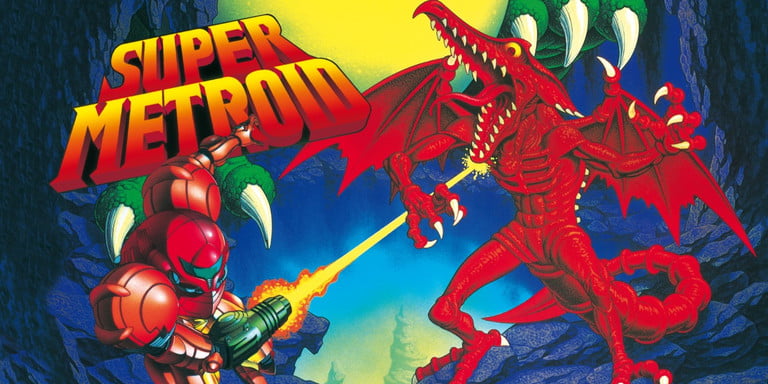 Samus combattant Ridley sur la couverture de Super Metroid.