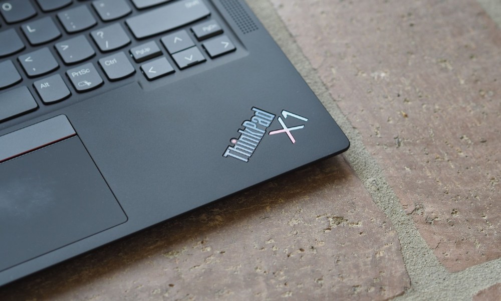 The logo on the palm rests of the ThinkPad X1 Carbon Gen 9.