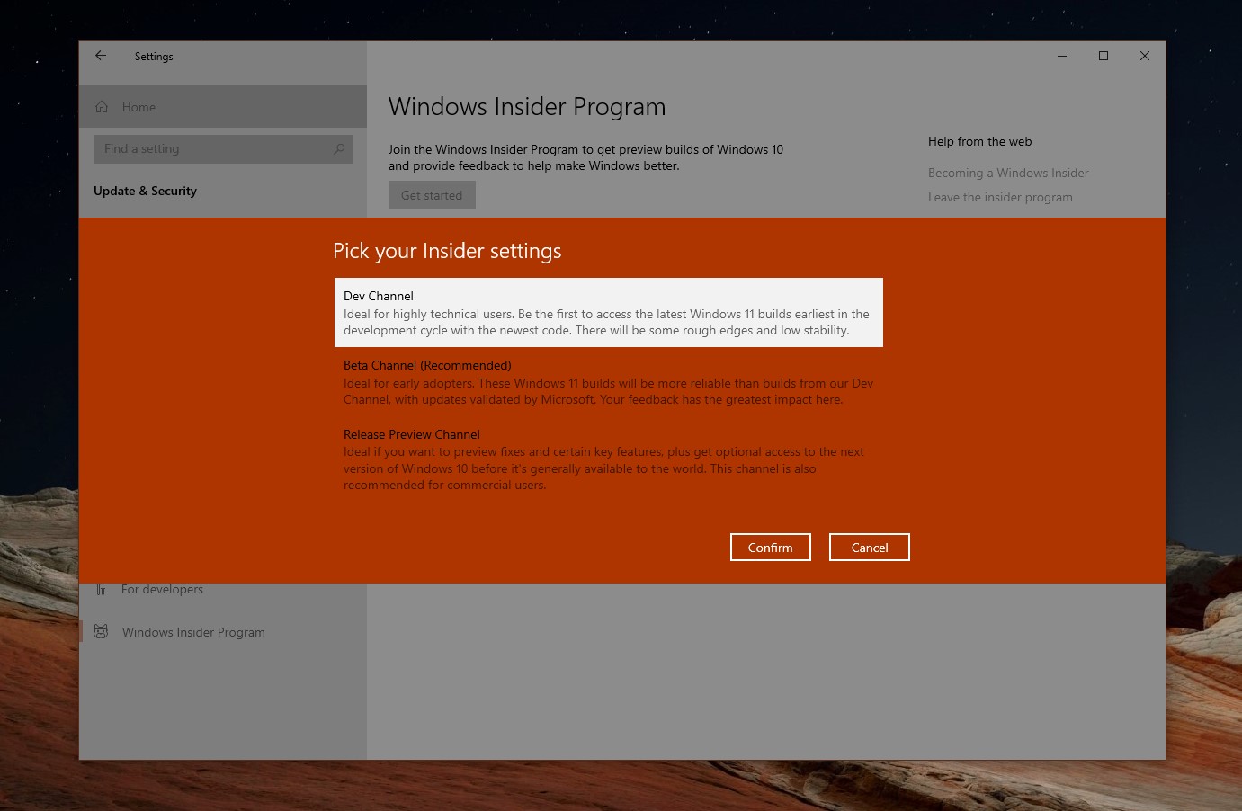 A screen in the Windows Insider program.