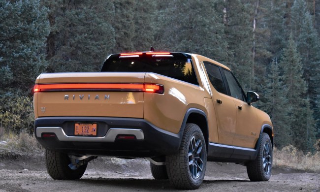 Rear-three quarter view of the 2022 Rivian R1T.