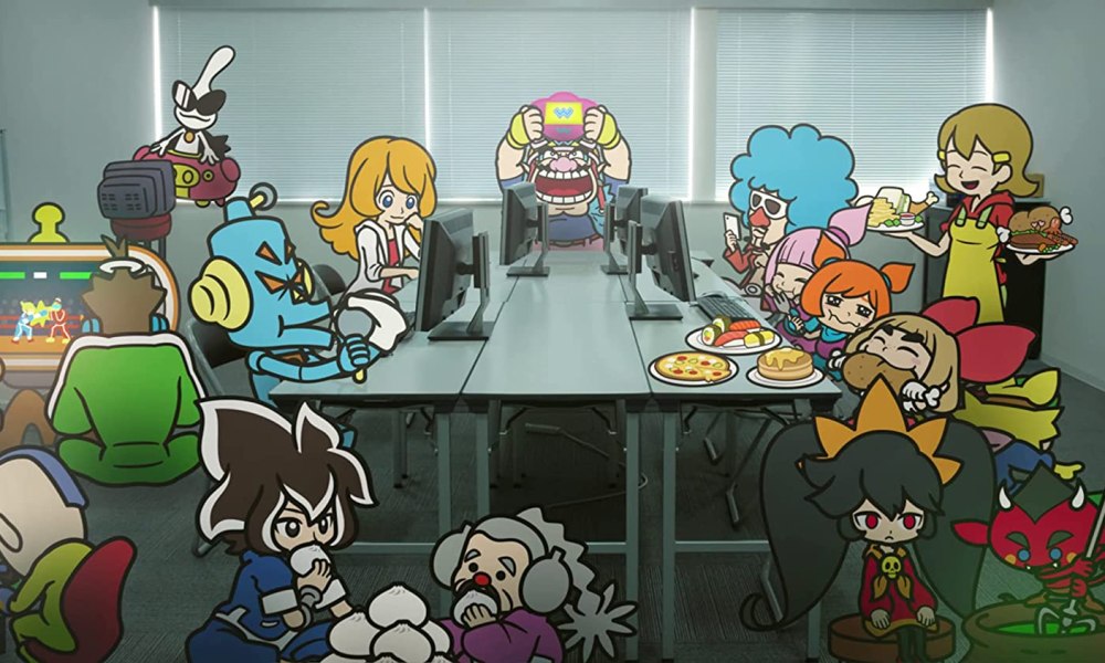 Wario and his friends sit around a table in WarioWare: Get It Together!