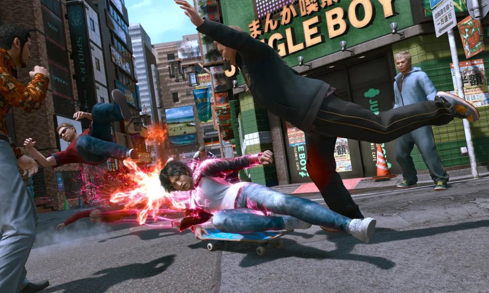 Yagami slide kicks an enemy in Lost Judgment.