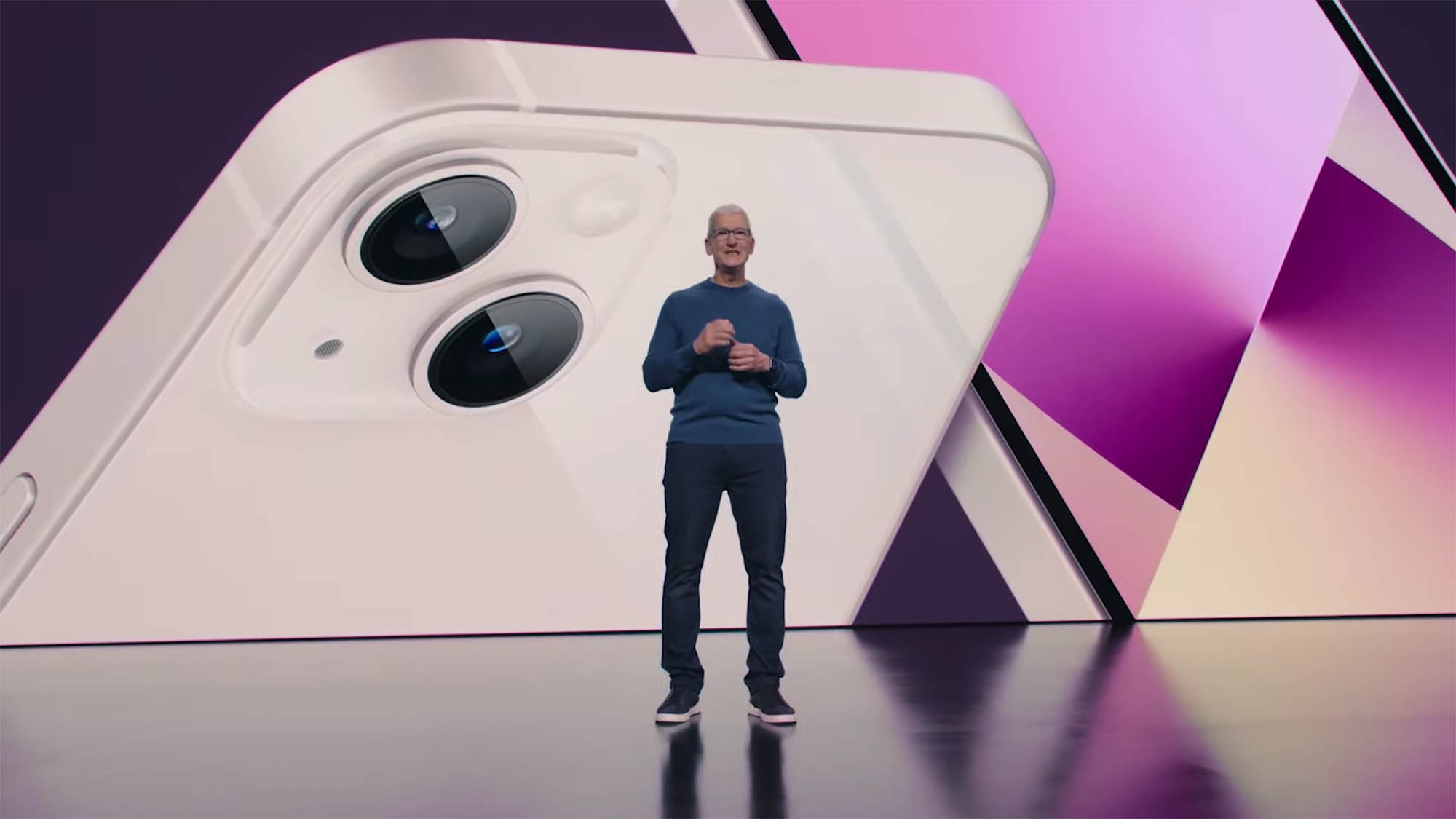 Tim Cook unveiling the iPhone 13 at Apple's California Streaming event in September 2021.