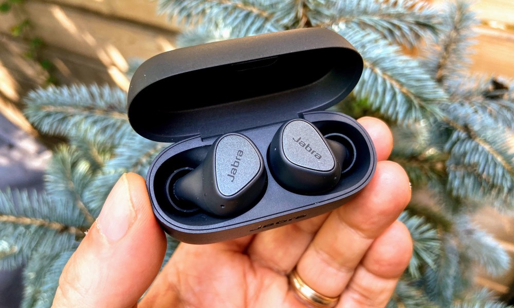 The Jabra Elite 3 true wireless earbuds in their charging case.