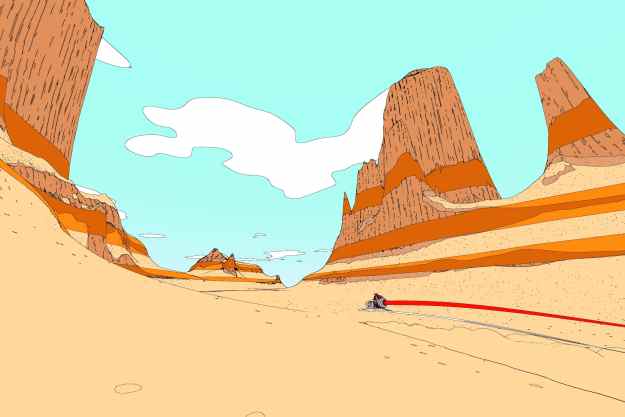 Sable drives across the desert in a glider.