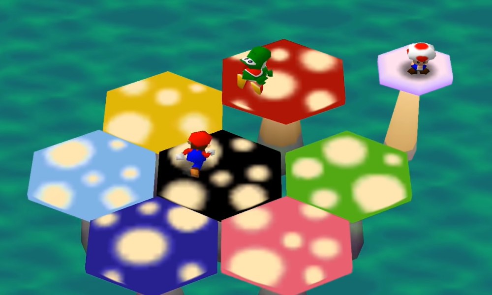 Yoshi jumping onto a red mushroom.