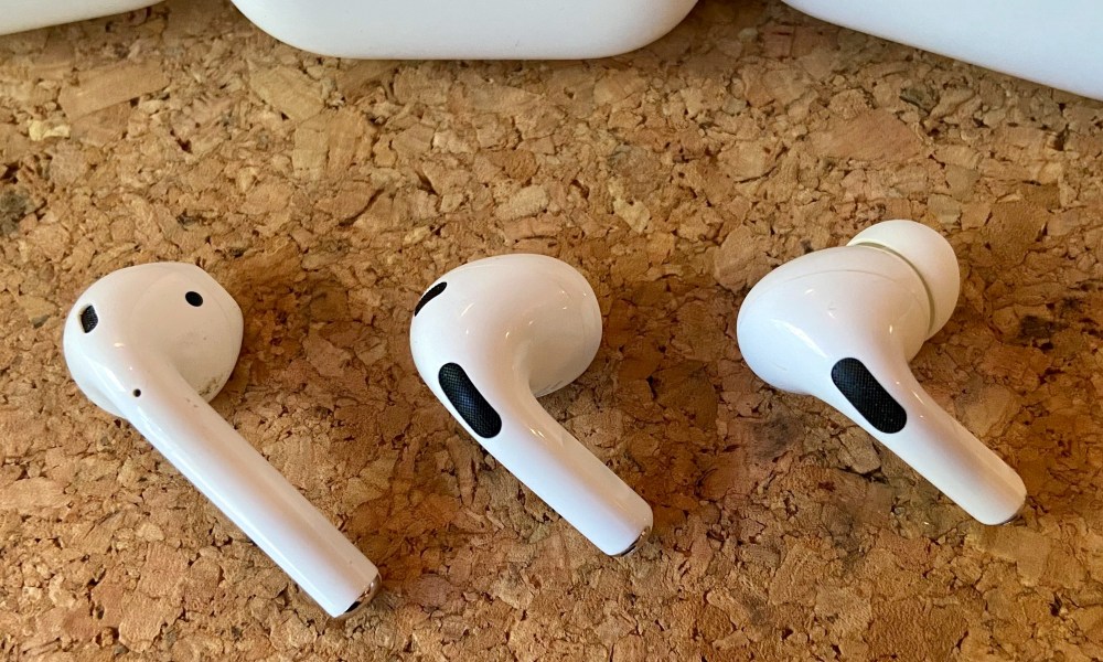 AirPods 3, AirPods, and AirPods Pro side by side.