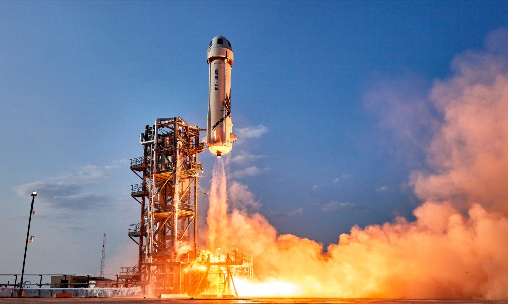 New Shepard lifts off from Launch Site One in West Texas for the NS-16 mission on July 20, 2021.