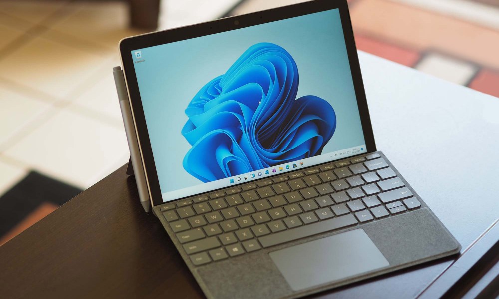 Microsoft Surface Go 3 sitting on table.