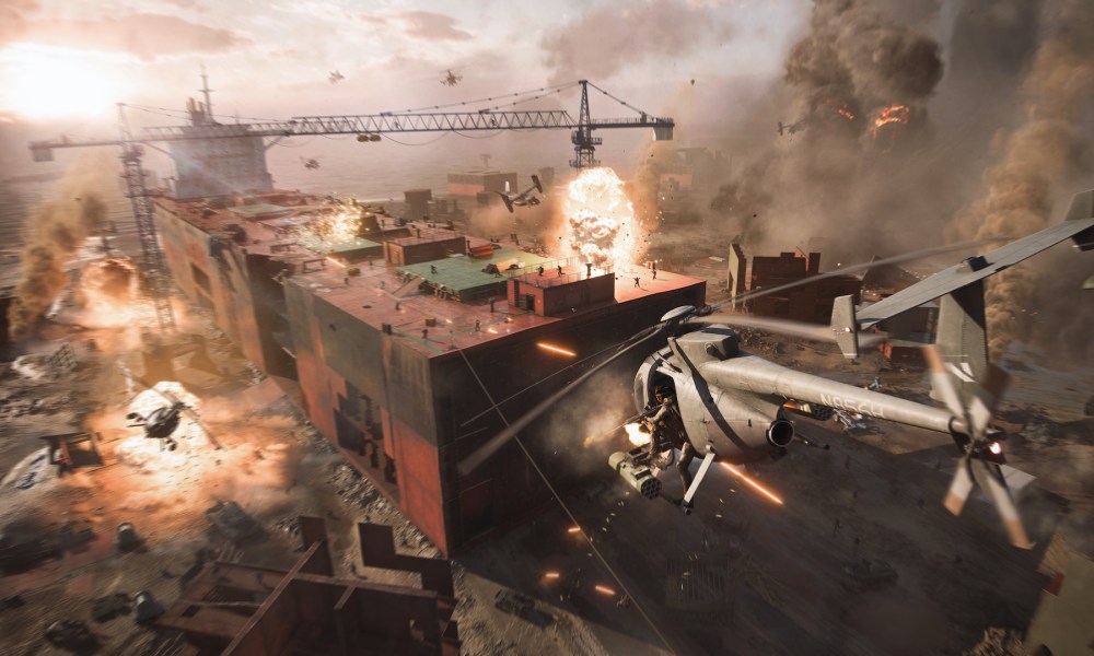 A helicopter attacking players in Battlefield 2042.