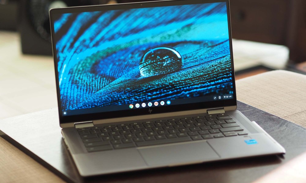 HP Chromebook x360 14c sitting angled on a desk.