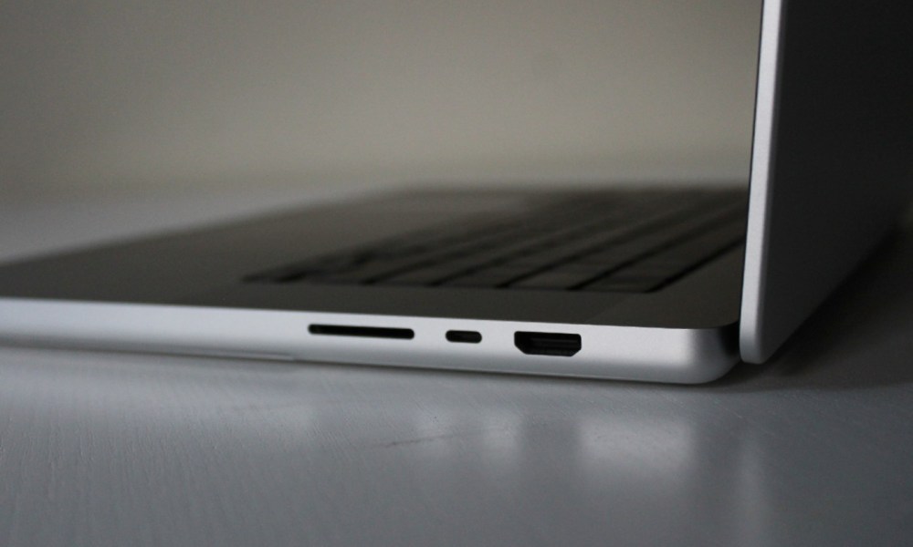 A side profile view of the MacBook Pro's port selection.